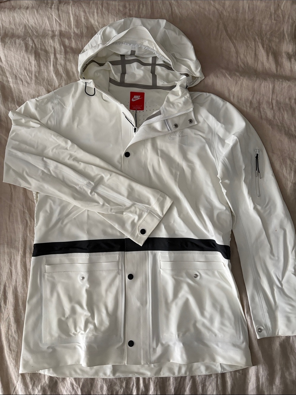 Nike White Hooded Raincoat with Black Waist Stripe